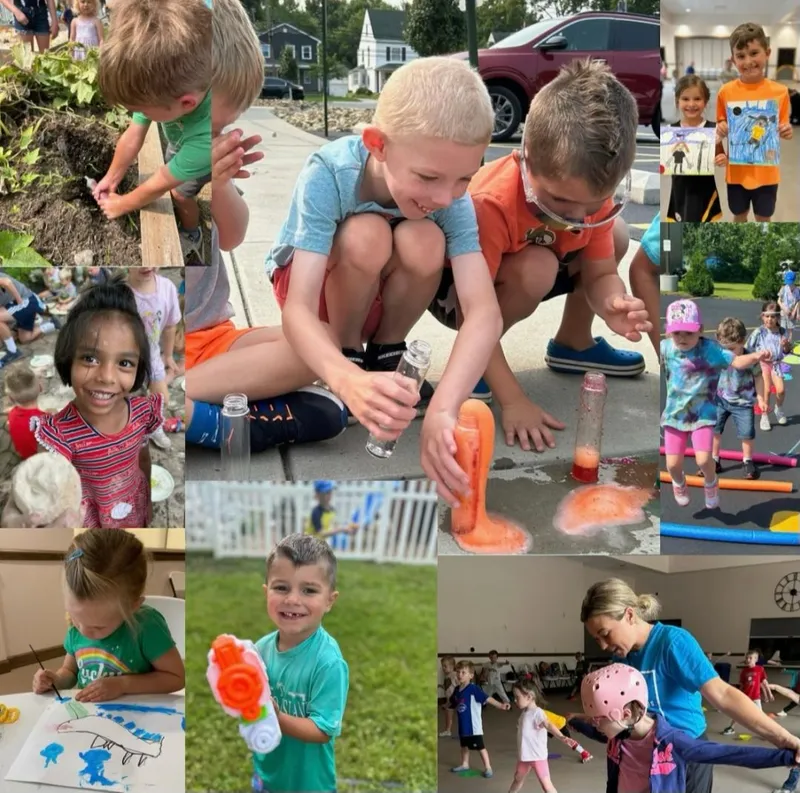 Collage of summer campers gardening, doing science experiments, and playing